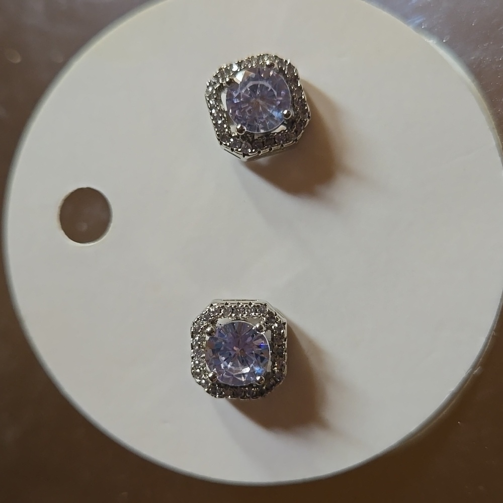 SILVERTONE SQUARE CUBIC ZIRCONIA EARRINGS